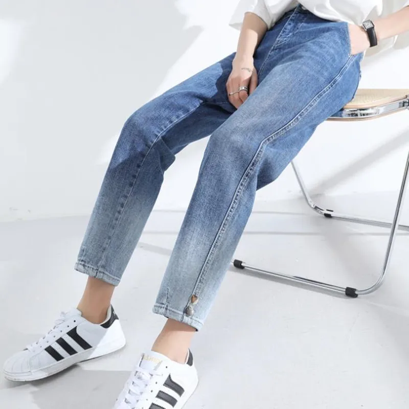 

Синие укороченные джинсы с градиентом, женские весенние узкие джинсы Harlan с высокой талией