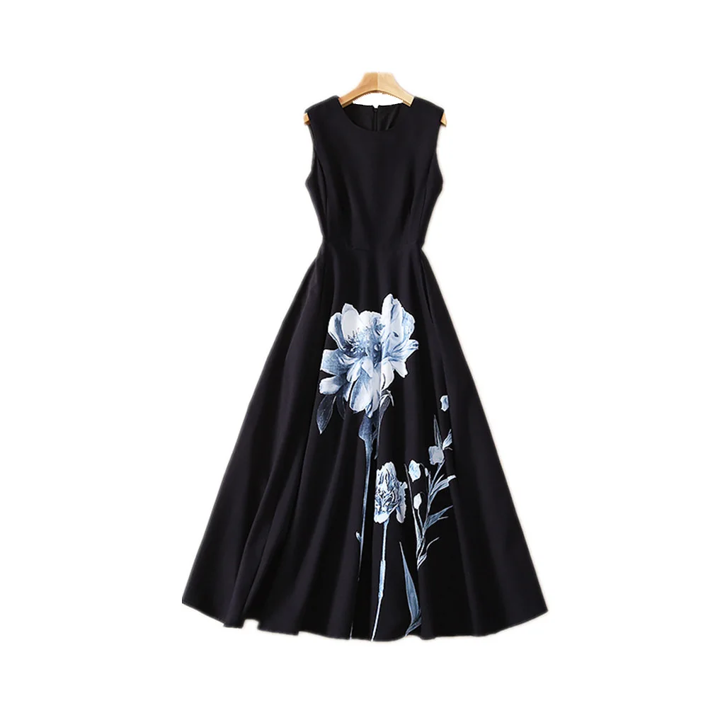 

Women elegant black dress spring summer 2021 floral print sleeveless a-line midi dresses