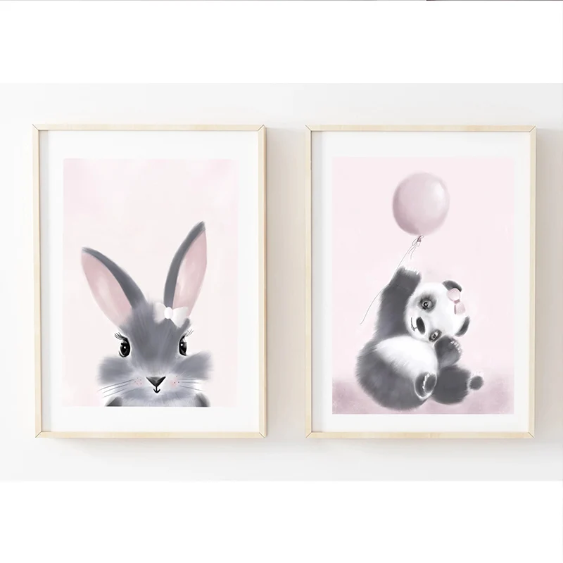 Скандинавский детский постер с розовой пандой и кроликом для детей Картина на