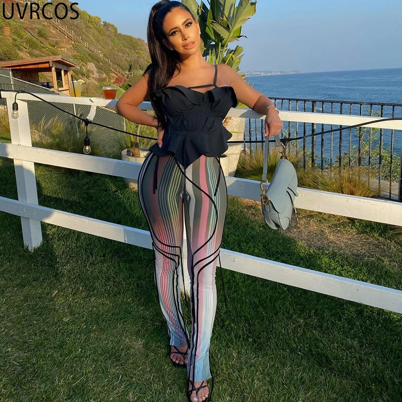 

UVRCOS Pants For Women Free Shipping Summer Fashion Striped Printed High Waist Leggings Street Style Casual Elastic 2021 Bottoms