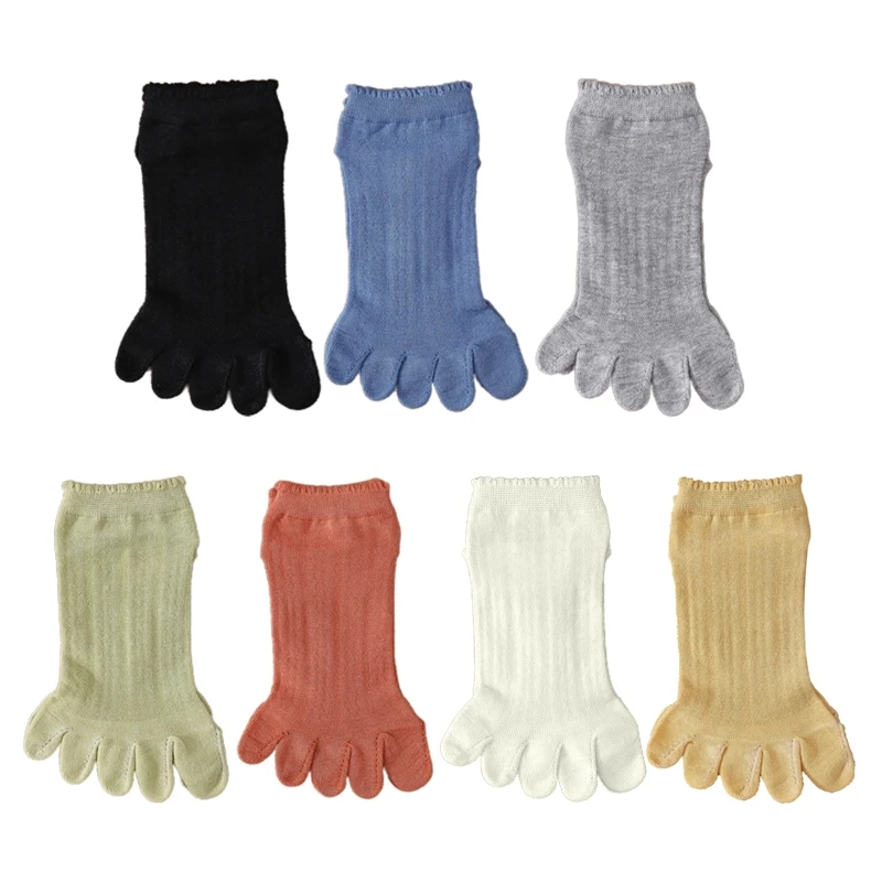 

Women Summer Thin Five Fingers Toes Ankle Socks Hollow Out Mesh Breathable Ruffles Solid Color Casual Short Hosiery