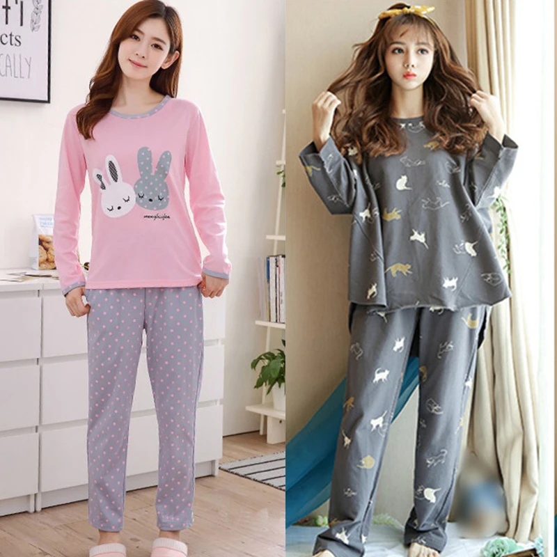 

2PCS Autumn Winter Women Pajama Set Sleepwear Cartoon Printed Cute Home Suit Long Sleeve Warm Sweet Long Pajamas For Women