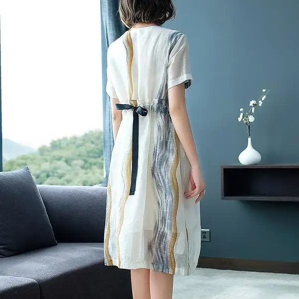 

COCOEPPS White Chiffon Dress Plus Size Women Summer Dress Slim Waist Midi Casual Dresses Short Sleeve Loose Large Size Dress