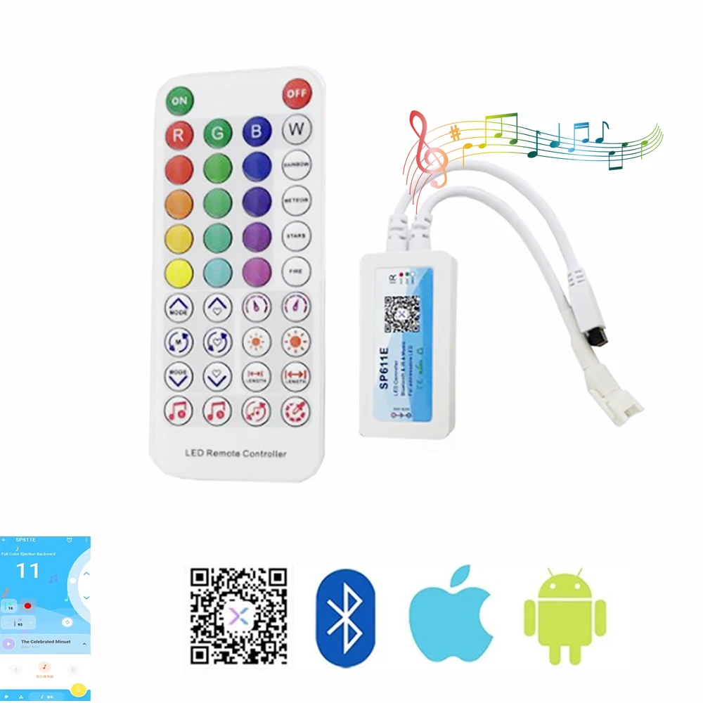 

WS2812B WS2812 WS2811 LED Controller SP611E Bluetooth Music App IR Keys for 5050 RGB Addressable LED Light Strip DC5V-24V