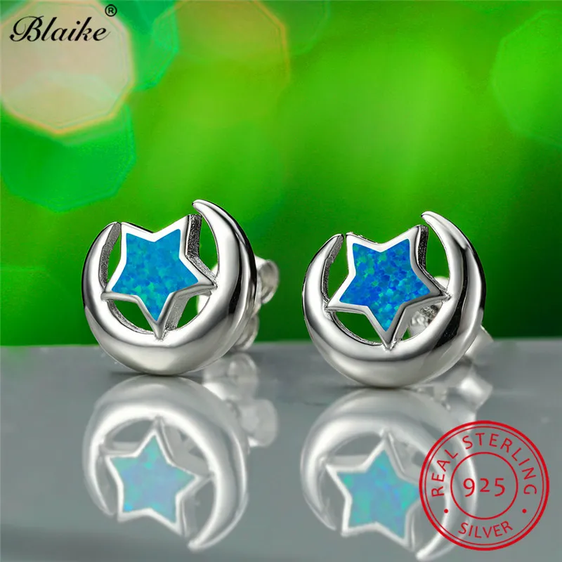 Милые сине-белые огненные опал звезда луна серьги 925 пробы серебряные свадебные