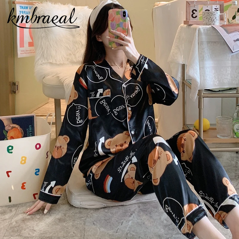 

Pajamas for Women Autumn Spring Ice Silk Two Pieces Pyjama Sets Sleepwear Nightwear Girl Cute Bear Loose Homewear Plus Size 2xl