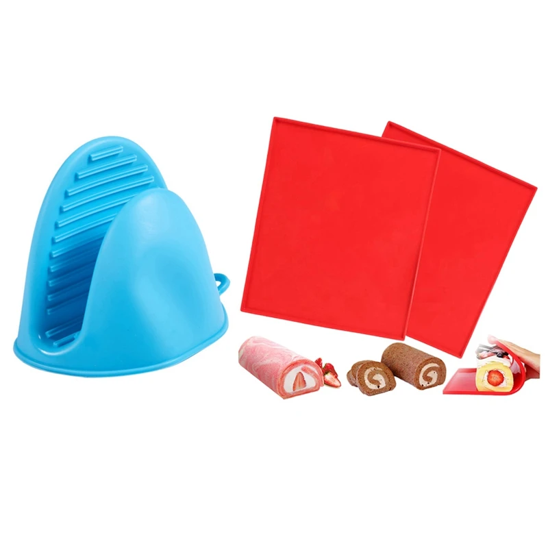 

1 шт. силиконовые перчатки для духовки с теплоизоляцией перчатки для пальцев синий и 2 шт. коврик для торта гибкий поднос для выпечки коврик д...