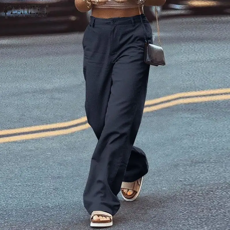 

Elegant OL Ladies Pants Women Autumn Trousers 2022 ZANZEA Casual High Waist Solid Wide Leg Palazzo Loose Long Pantalon Turnip