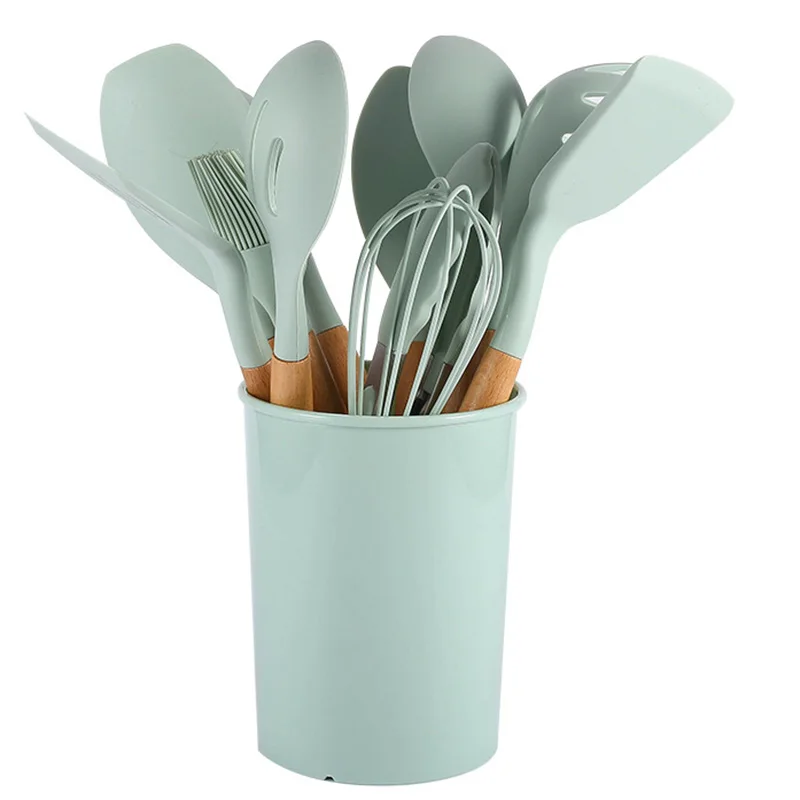 

12pcs Cooking Tools Set Silicone+Wooden Handle Kitchen Utensils Set with Storage Box Turner Spatula Soup Spoon Scraper