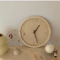 Ins Creative Personality Wooden Fashion Mute Round Wall Clock Rattan Digital Clock Homestay Style Simple Decorative Wall Hanging