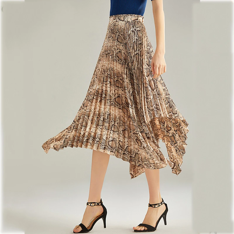 Женская плиссированная юбка со змеиным принтом длинная ассиметричная подиумная