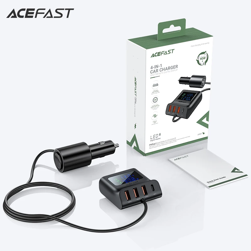 acefast 4 port usb car charger cigarette lighter socket splitters pd qc3 0 90w led display voltmeter dock fast charging station free global shipping