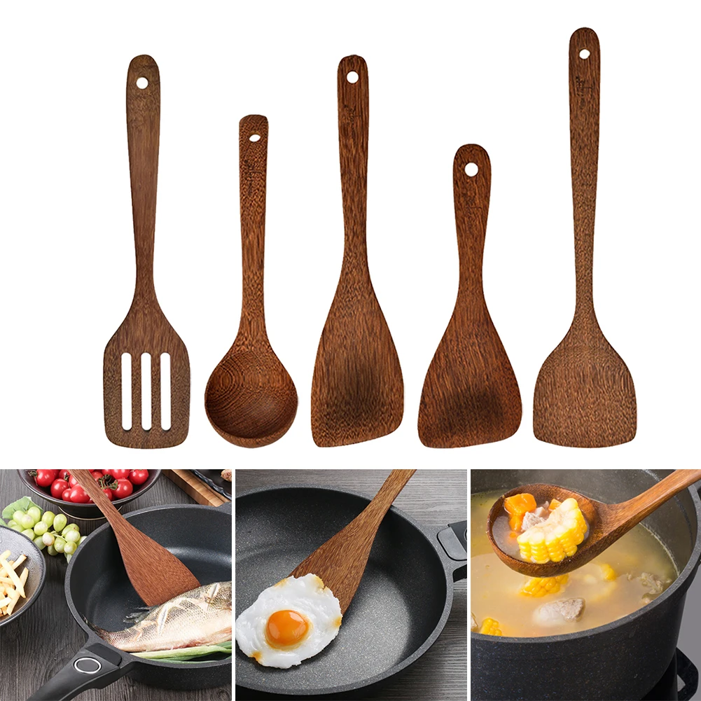 

5pcs/set Natural Wooden Tableware Spoon Ladle Turner Rice Colander Soup Skimmer Cooking Spoon Scoop Kitchen Reusable Tools Kit
