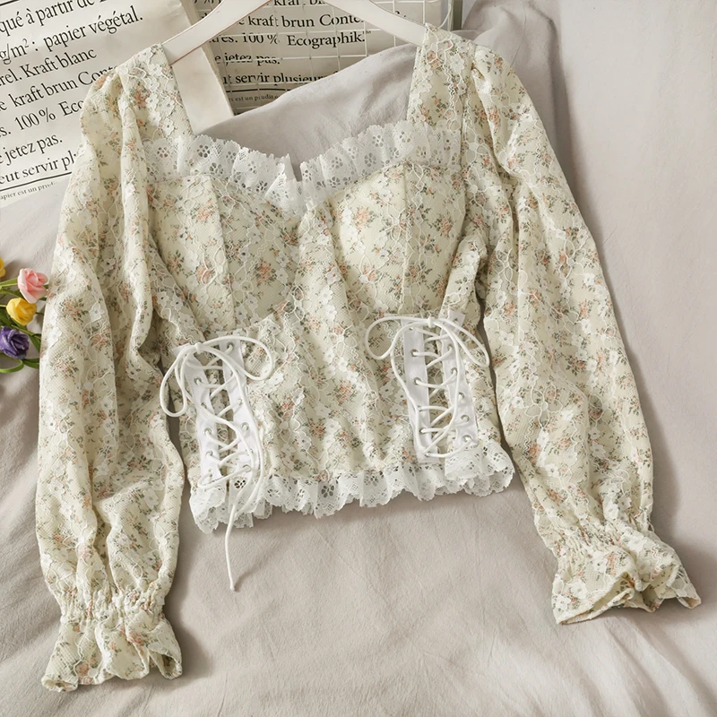 

New Mesh Stitching Waist Short Shirt Lace Drawstring Top Tie