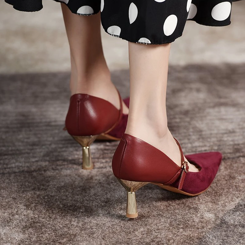 

Pumps Formal Shoes Vintage Style Cow Leather Pointed Toe Buckle Strap Solid 2 Colors Metal Mid Heel Classic Office Dress Shoes