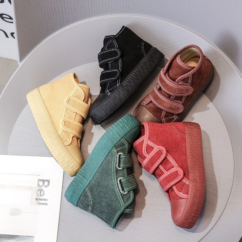 

2021 New Fashion Hook Loop Soft Corduroy Kids Sneakers School Casual All-match Children Girl Shoes High Top Autumn Boys Boots