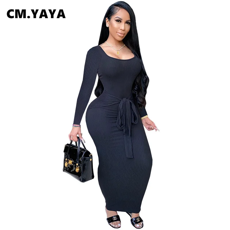 CM.YAYA Autumn Winter Knitted Women Long Sleeve Tie Up Waist Midi Maxi Dress Ribbed Open Back Streetwear Pencil Dresses | Женская одежда