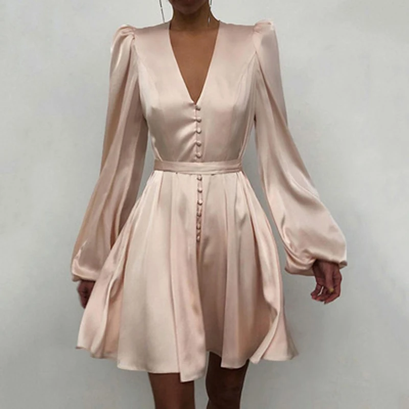 

2021 Spring Satin D V-Neck Temperament Slim Dress Female European And American New Design Lantern Sleeve Skirt