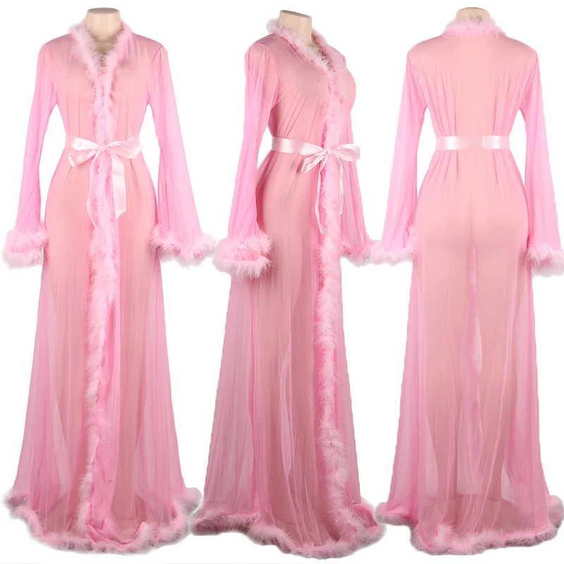 Long Chiffon Lace Nightgown Lingerie Fur Robe See Through Underwear Sleepwear Plus Size 3XL 5XL Christmas Sexy Costume Xmas Gift