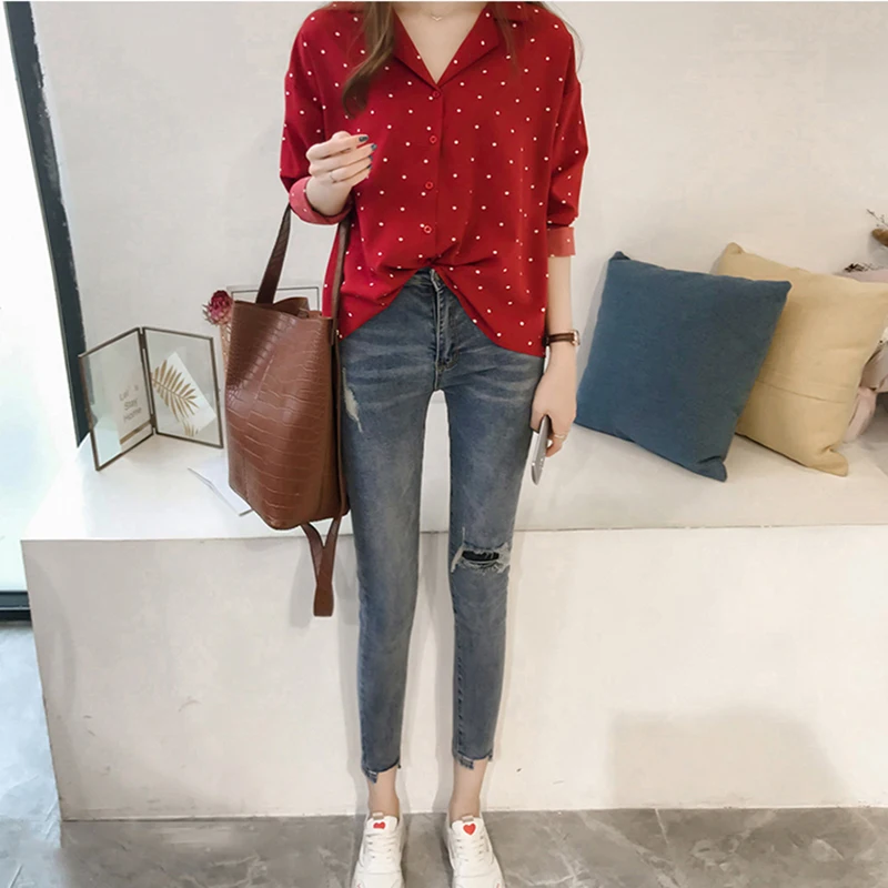 Модная женская блузка размера плюс с отложным воротником рубашка длинным