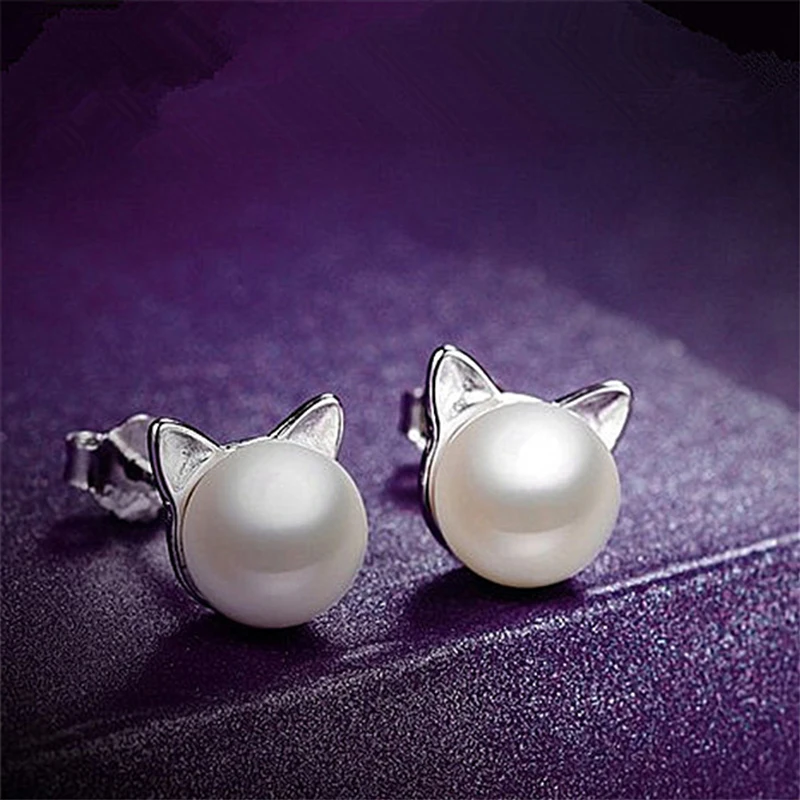 

Simple Elegant White Round Pearl Stud Earrings for Women Cute Cat Ear Earrings Students Girls Earrings Jewelry