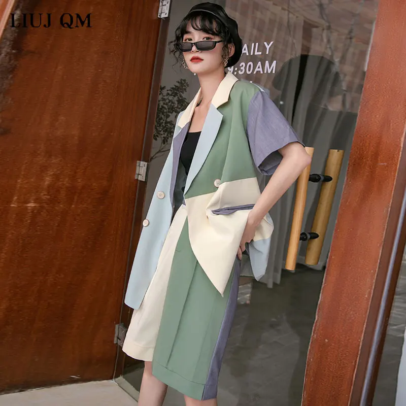 

2021 New Summer Casual Blazers 2 Piece Set Female Loose Korean Splicing Short Sleeve Suit Casual Jacket Coat+Shorts Office Lady