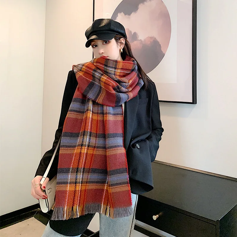 

2020 Luxury Brand Women Autumn Winter Thick Warm Scarf Plaid Tassel Scarfs Female Knitted Wool Stole Wrap