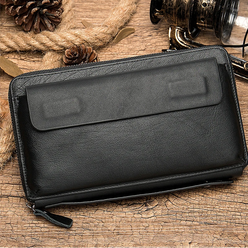 Luufan Genuine Leather Business Type Clutch Purse Big Capacity Long Wallet With Wristlet Leather Big Wallet For Phone Passport