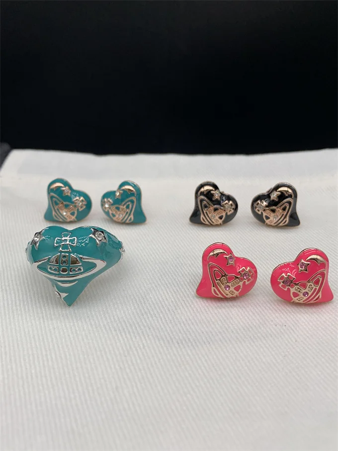 

Silver Edge Blue Paint Diamond-Embedded Lovely Saturn Ring Rose Golden Edge Earrings