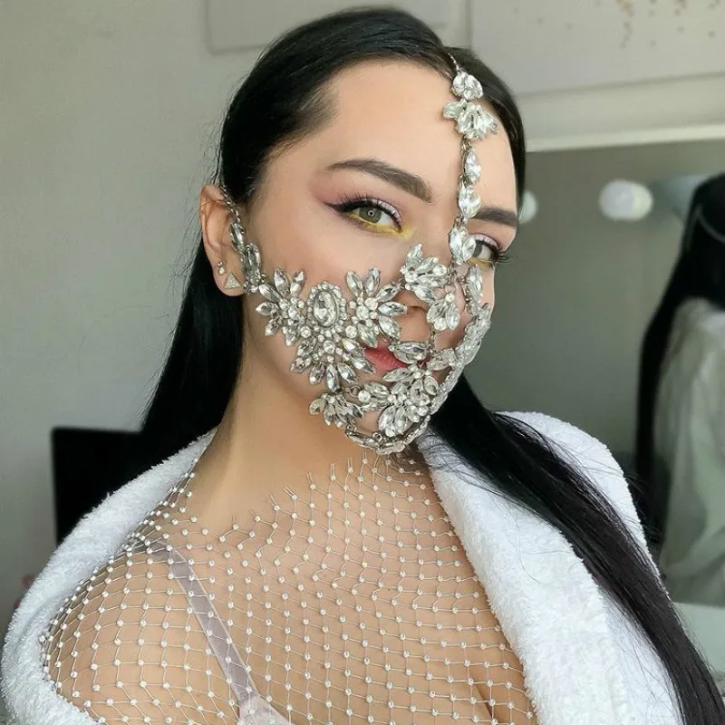 

Hip Hop Rhinestone Face Mask Women Glitter Luxurious Party Masquerade Mesh Net Mouth Yashmak Wedding Gift