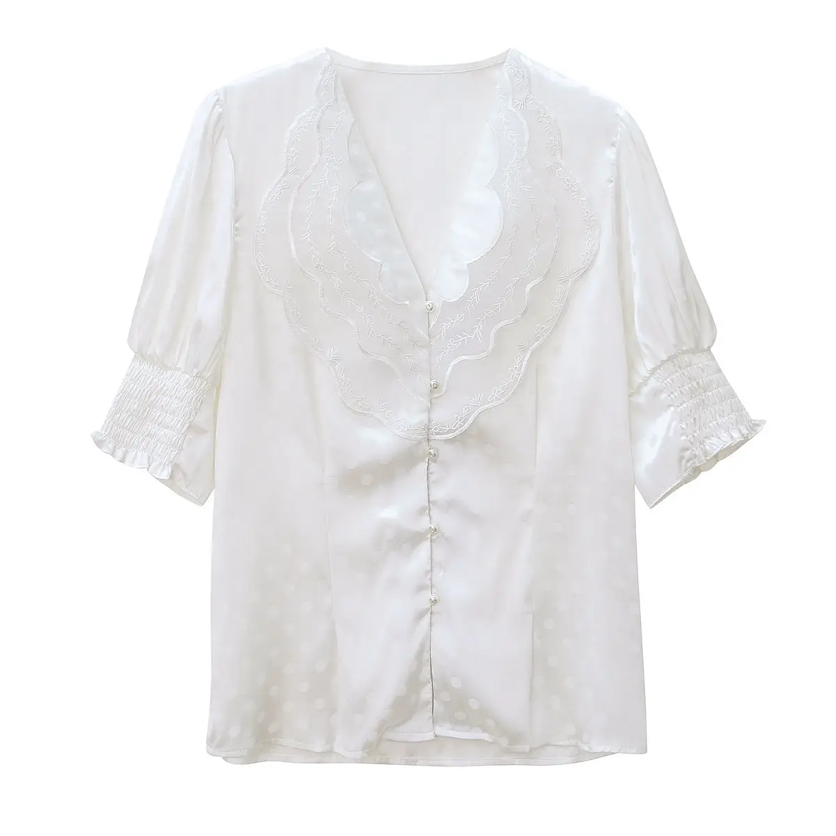 

2021 New Summer Women Blouses Casual Slim Half Sleeve Lace V-Neck White Chiffon Shirts Fashion Elegant Office Lady Tops Clothing