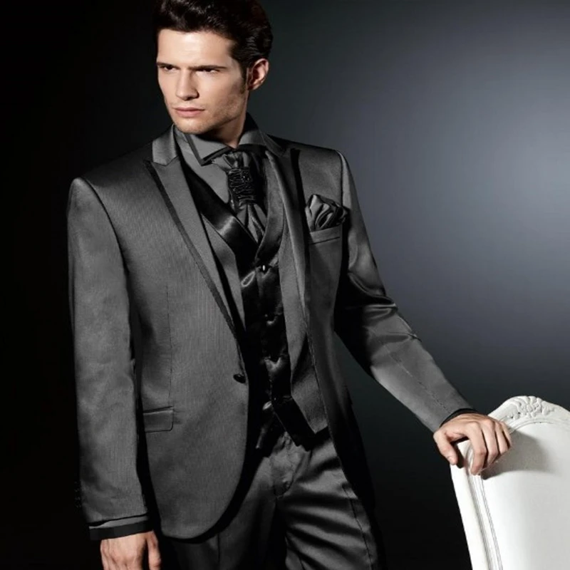 

Dark Gray Mens Wedding Satin Suits Costume Prom Evening Party Groom Tuxedos 3 Piece Set Business Luxury Male Suit Custom Made