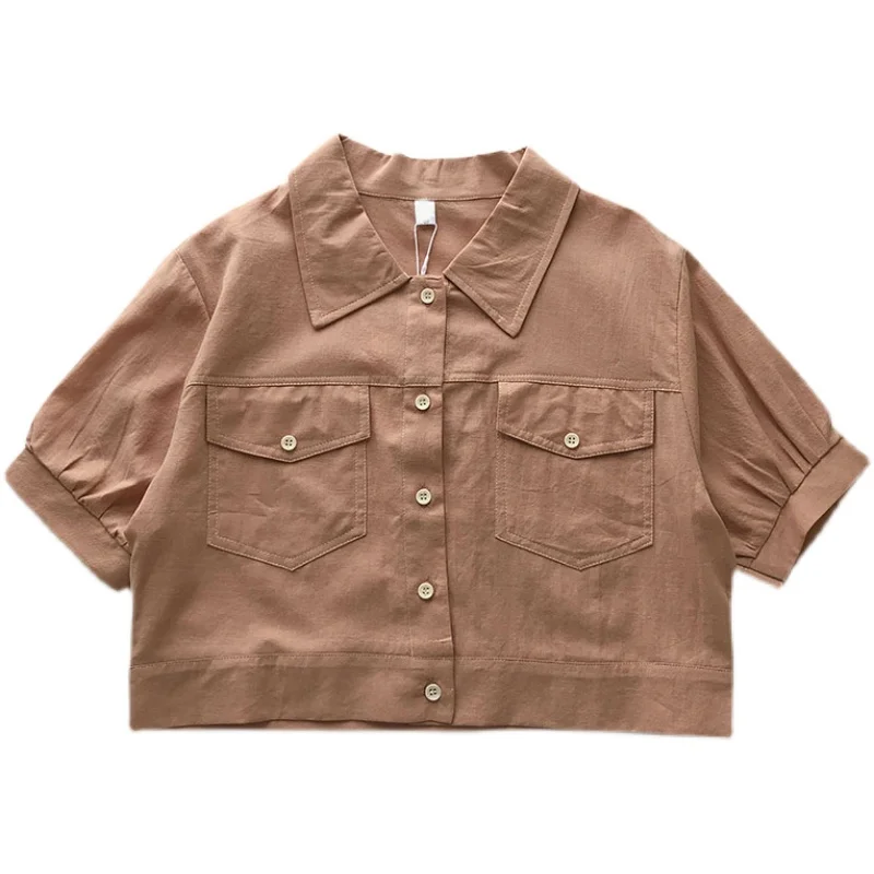 

Kimutomo 2021 Summer Vintage Blouse Women Hong Kong Style Turn-down Collar Short Sleeve Single Breasted Pockets Shirt Casual