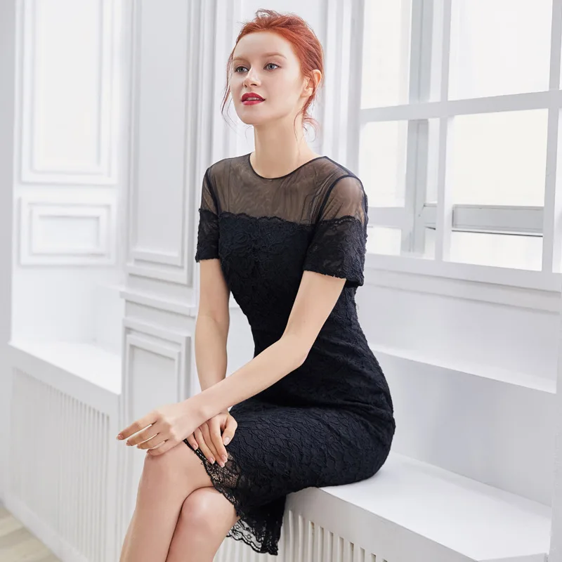 Черное Кружевное Платье карандаш миди сексуальное Сетчатое элегантное