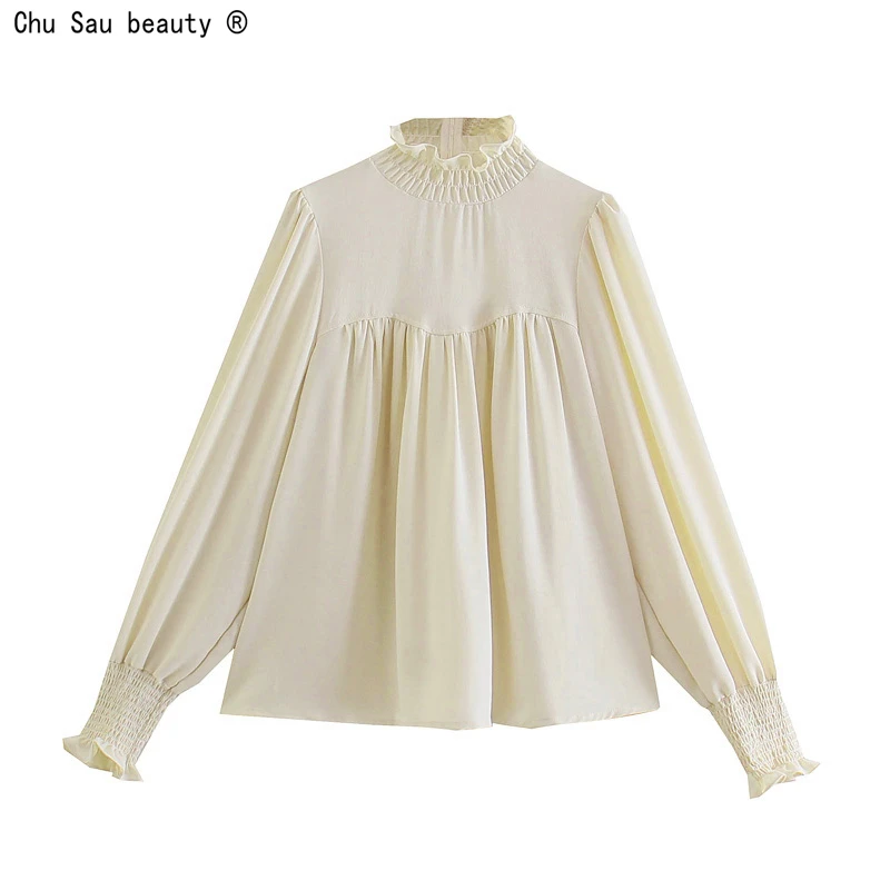 

Женская блузка с длинным рукавом, элегантная Свободная рубашка в винтажном стиле, топ с воротником средней высоты и оборками во французском...