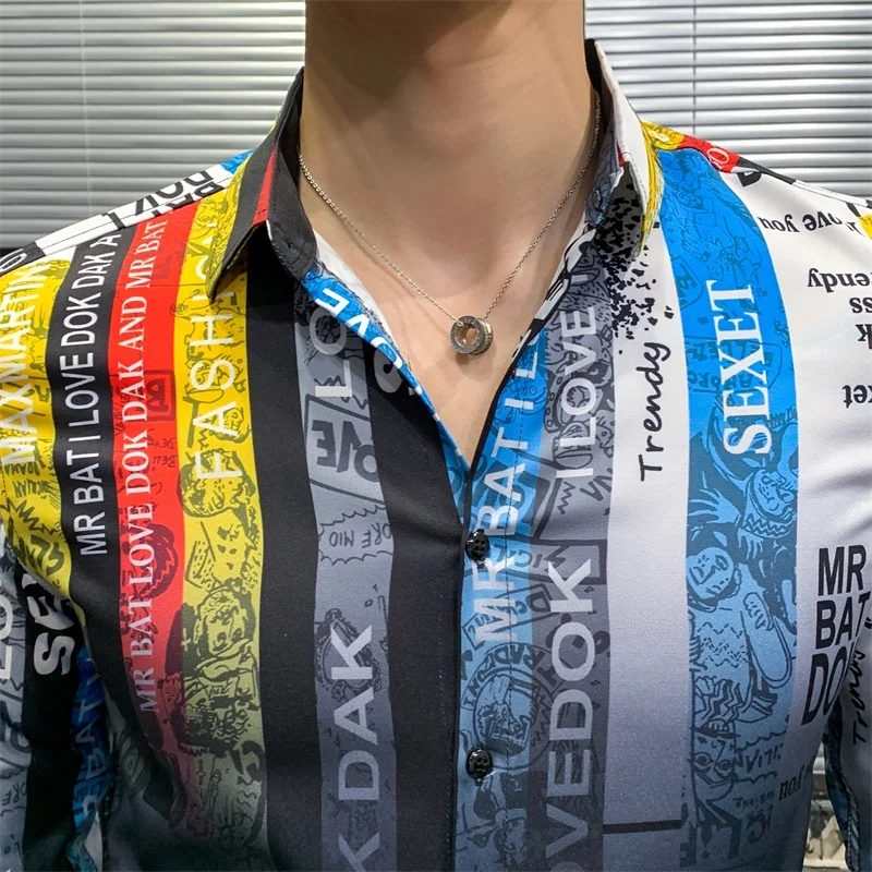 

New 2021 Spring Men Shirts Letter Gradient Print Long Sleeve Casual Shirt Chemise Homme Streetwear Social Party Nightclub Blouse