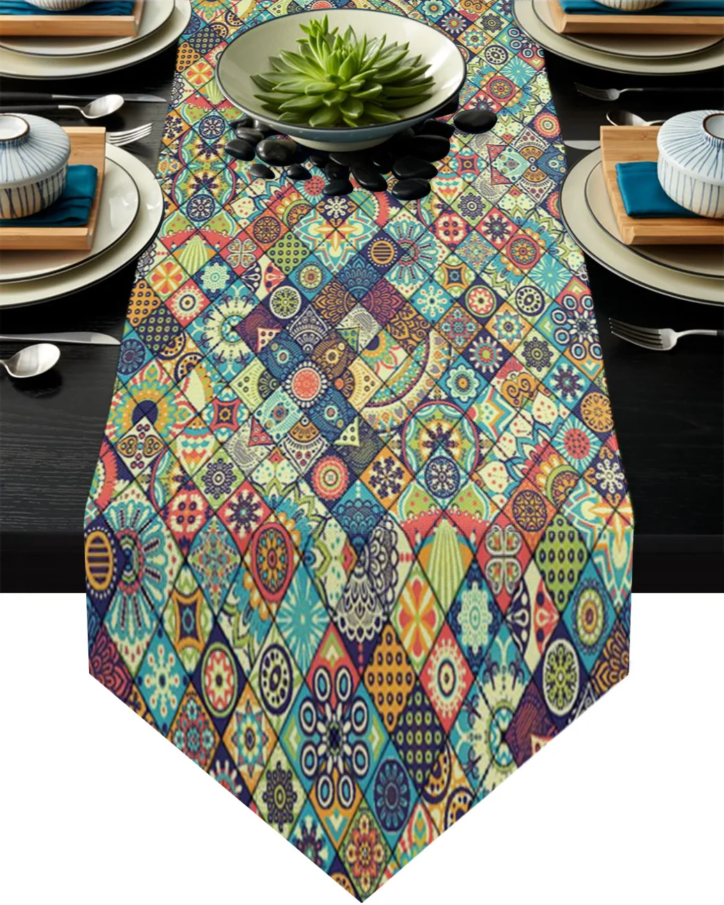 

Vintage Floral Pattern With Rhombus Table Runner For Home Wedding Banquet Festival Party Hotel Placemat Coasters Home Decoration