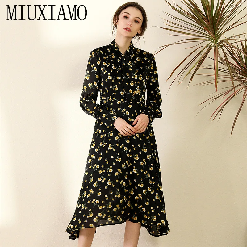 

MIUXIMAO 2020 Spring Women Flower Print Dress Long Sleeve Female Casual Spring Black Dresses Elegant Bow Vestidos