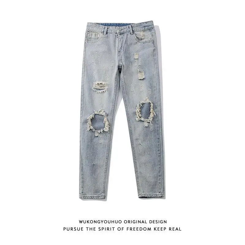 

Новинка весна-лето 2021 мужские брюки в европейском и американском стиле ретро рваные джинсы мужские повседневные брюки в стиле хип-хоп для м...