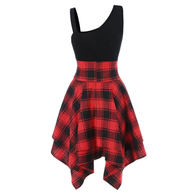 

Female High Waist Indie New Fashion Women Casual Short Dresses 2021 Summer Y2k Women's Lace Up Knee-Length Red Plaid Print Dress