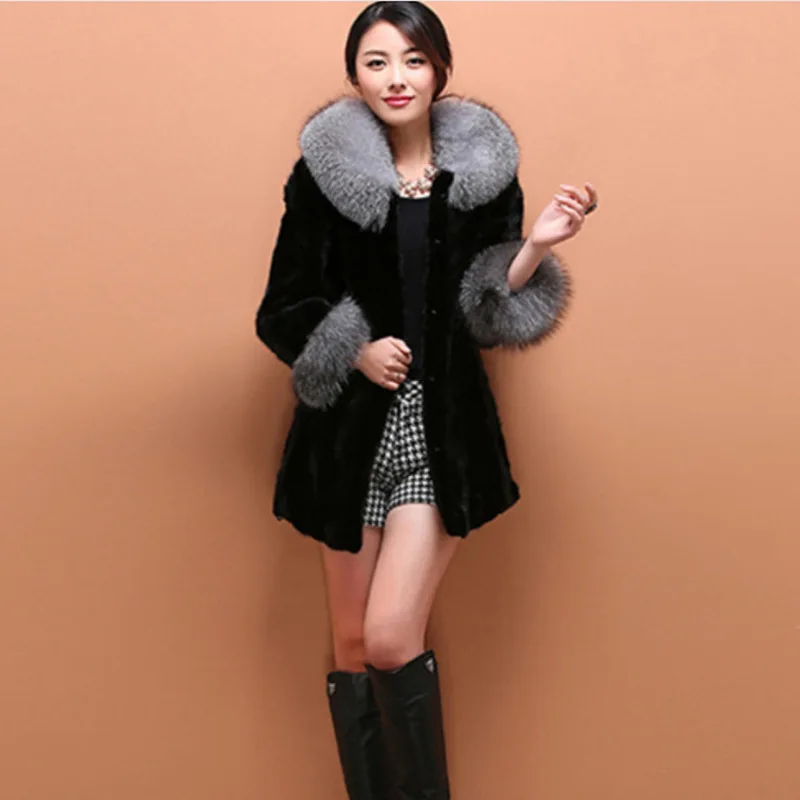 

New autumn and winter imitation fur mink mid-length mink silver fox fur collar European and American fashion warm female jacket