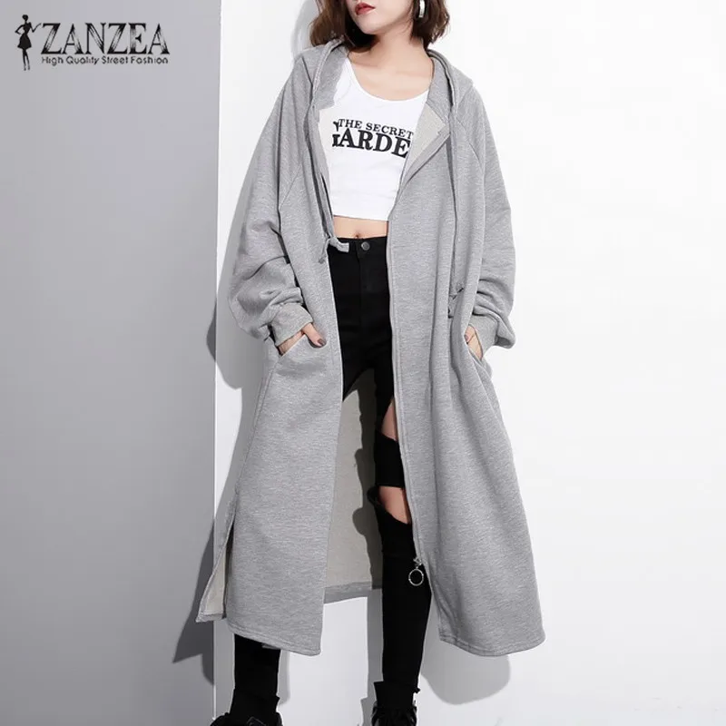 2019 зимняя толстовка с капюшоном длинные пальто ZANZEA женские куртки на молнии