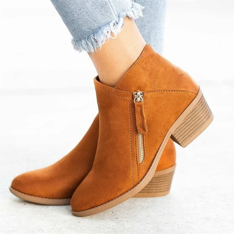 

2020ankle Boots For Women Casual Shallow Slip-on Pointed Toe Low Heels Shoes Woman Big Size Pu Leather Zapatos De Mujer