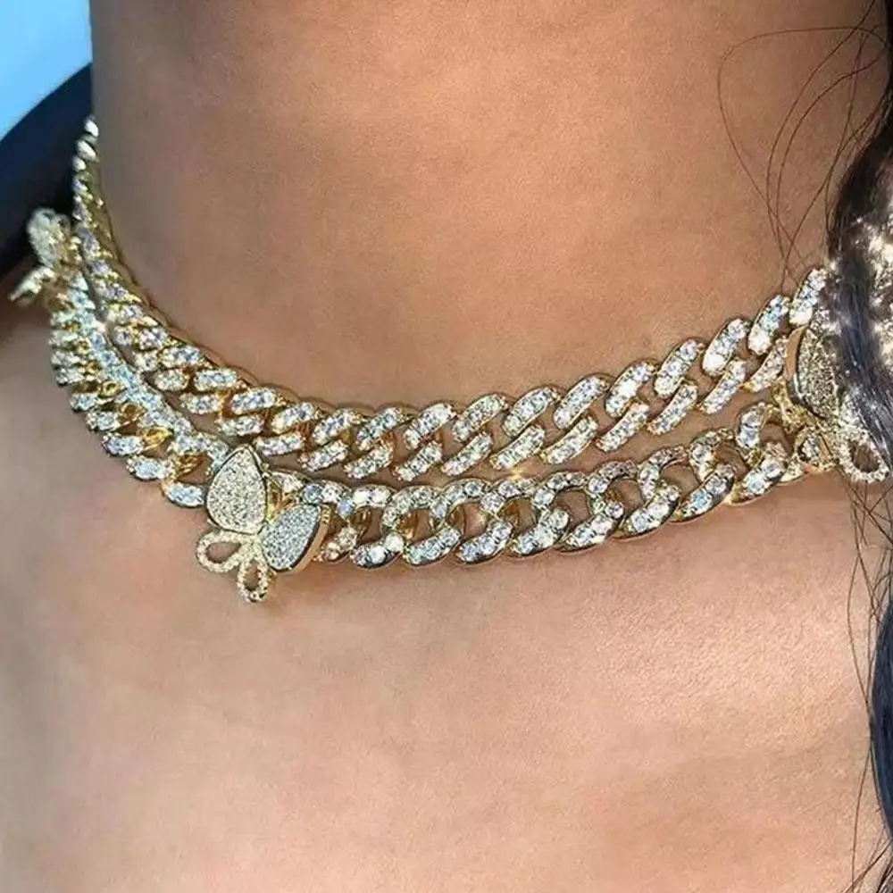 

Stonefans Iced Out Butterfly Necklace Cuban Chain Choker for Women Hip Hop Bling Rhinestone Necklace Big Butterfly Jewelry