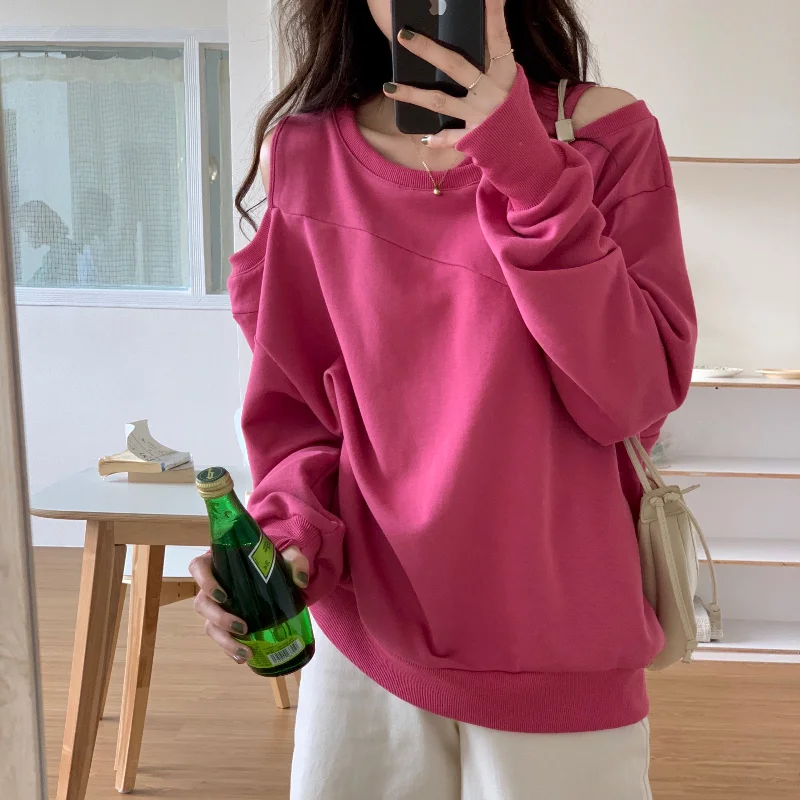 

New Korean Dew Shoulder Hoodie Sweatshirt Women Casual O-neck Long Sleeve Loose Pullover Autumn Winter Ladies Hoodies