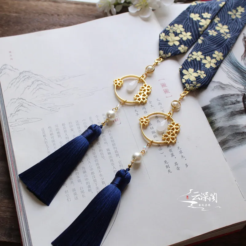 Cherry blossoms Наденьте на лоб ленту для волос hanfu tassel горячее тиснение парча Карп съемная бахрома кран шины аксессуары для волос - Цвет: Cherry blossoms