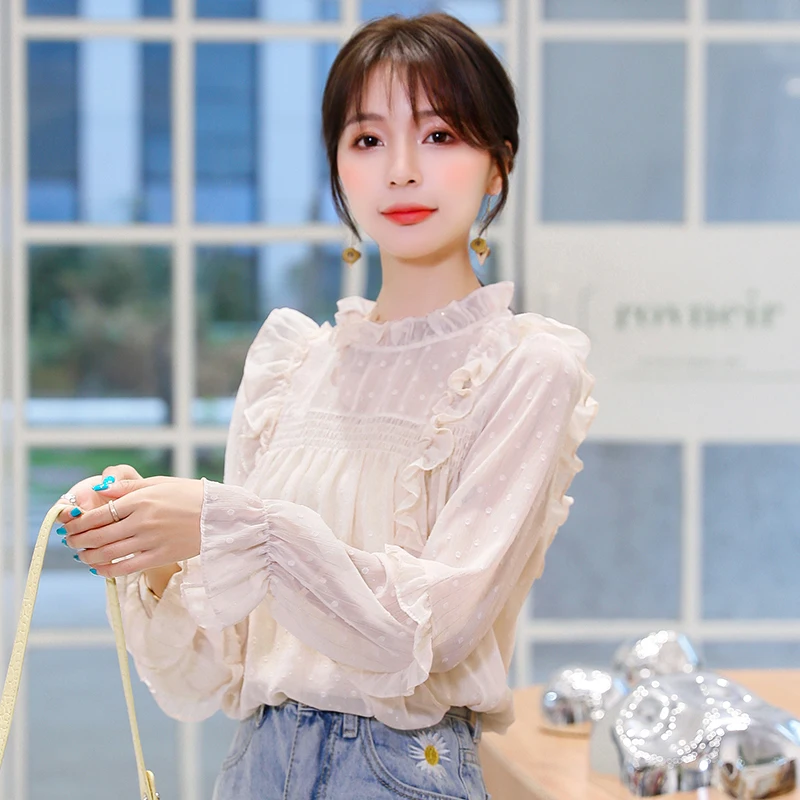 #2052 бежевая прозрачная блузка Женская пикантная Повседневная шифоновая с