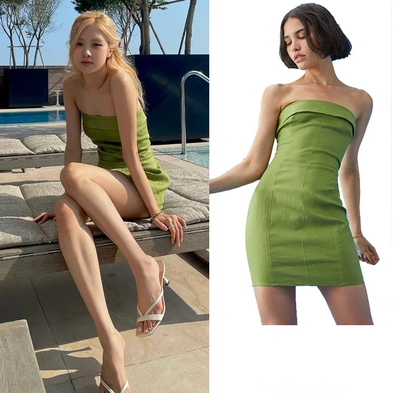 

Kpop Korea Celebrity ROSE Summer Green Short Backless Bodycon Mini Dress Women Nightclub Sexy Dress Strapless Top Club Dresses