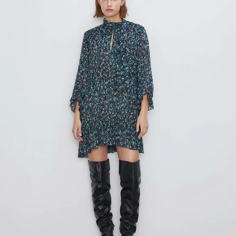 ZA 2019 осень новое мини платье для женщин с цветочным принтом длинным рукавом и