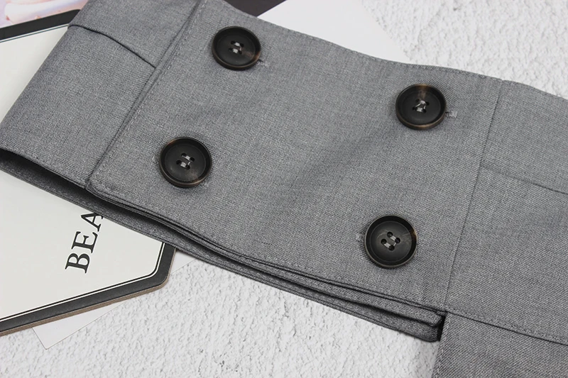 

[EAM] Gray Irregular Button Split Joint Wide Belt Personality Women New Fashion Tide All-match Spring Autumn 2021 1Y513